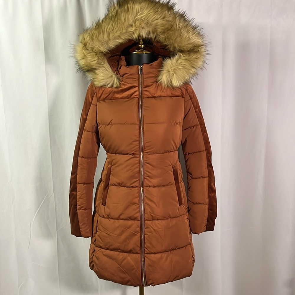 LA Coalition Rust Orange Faux Suede Accent Zip Front Puffer Jacket